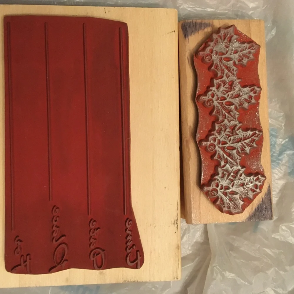 2 wood stamps: Holly Border, Party invitation w/time/date/place. Wood & rubber.
